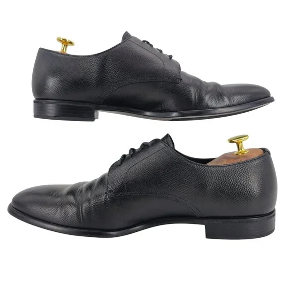 Prada Italian Saffiano Black Leather Dress Shoes Mens 8.5 Luxury Formal Oxfords - Picture 8 of 14